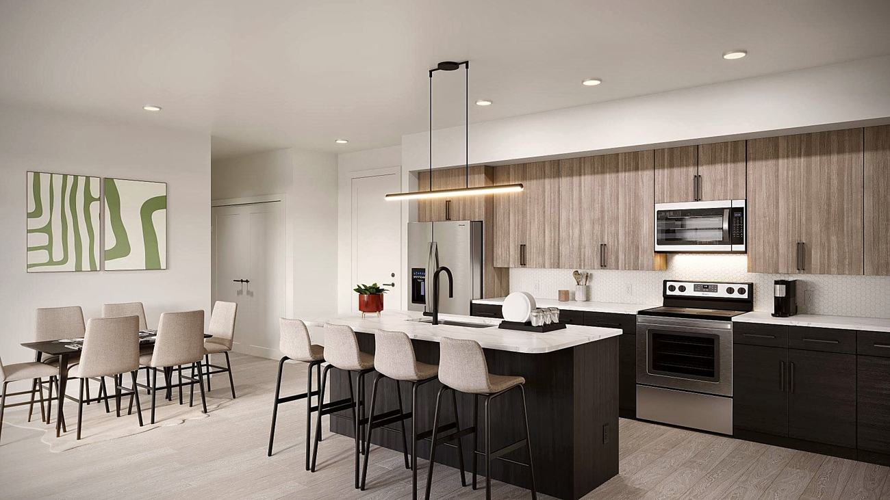 A furnished kitchen and living room