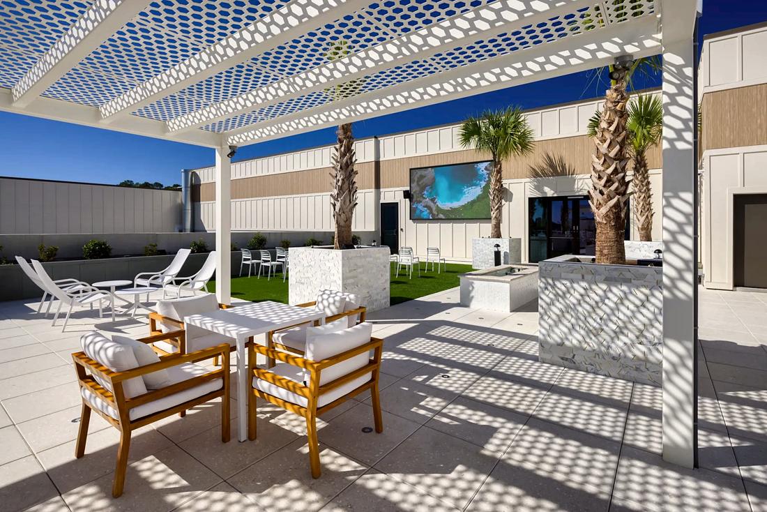 The shaded rooftop lounge